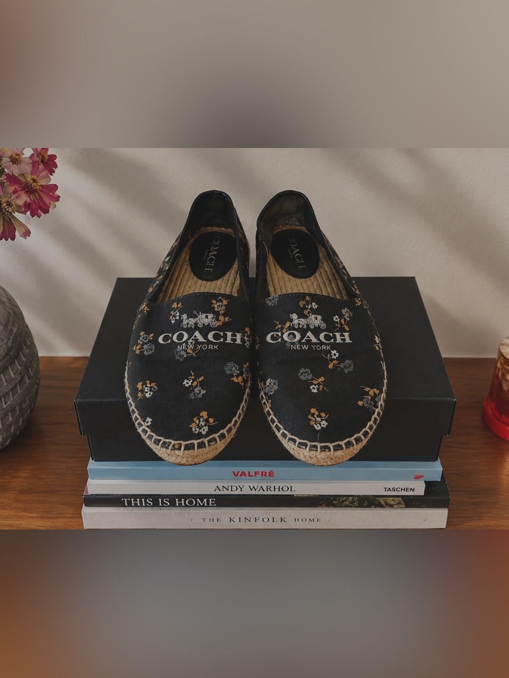 Coach Rhodelle Calico Rose Espadrille Flats Floral Espadrille Slip-Ons in Black